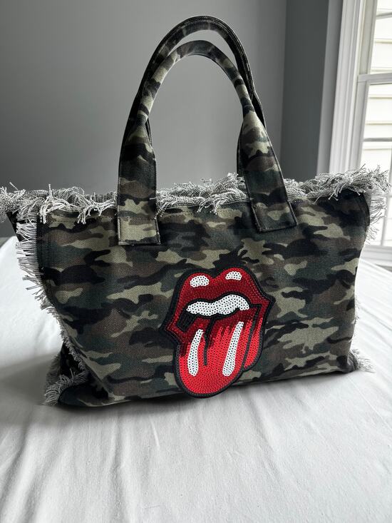 Other Handbags - Rolling Stones Camo Canvas Tote Bag Sequin Tongue Fringe Zip Top
